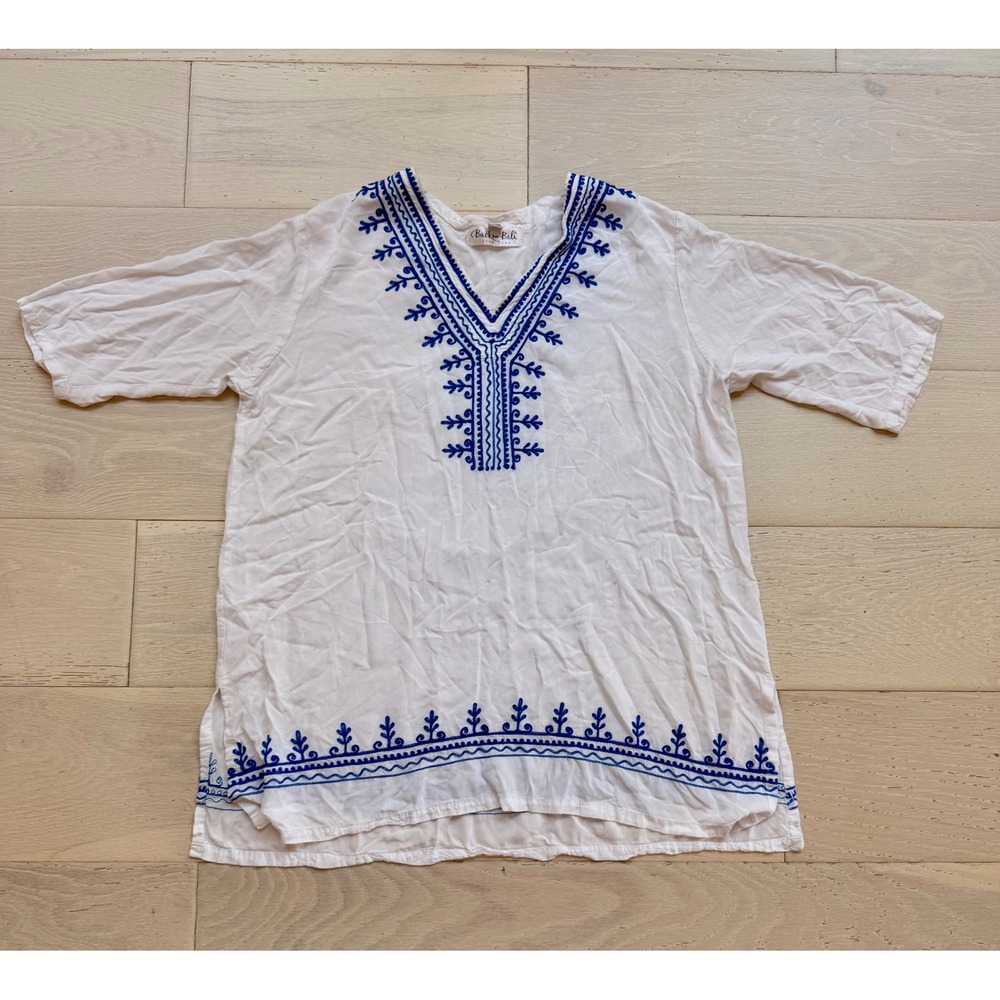 Back From Bali Embroidered Tunic Top White Blue Boho Beach Cover Up S/M